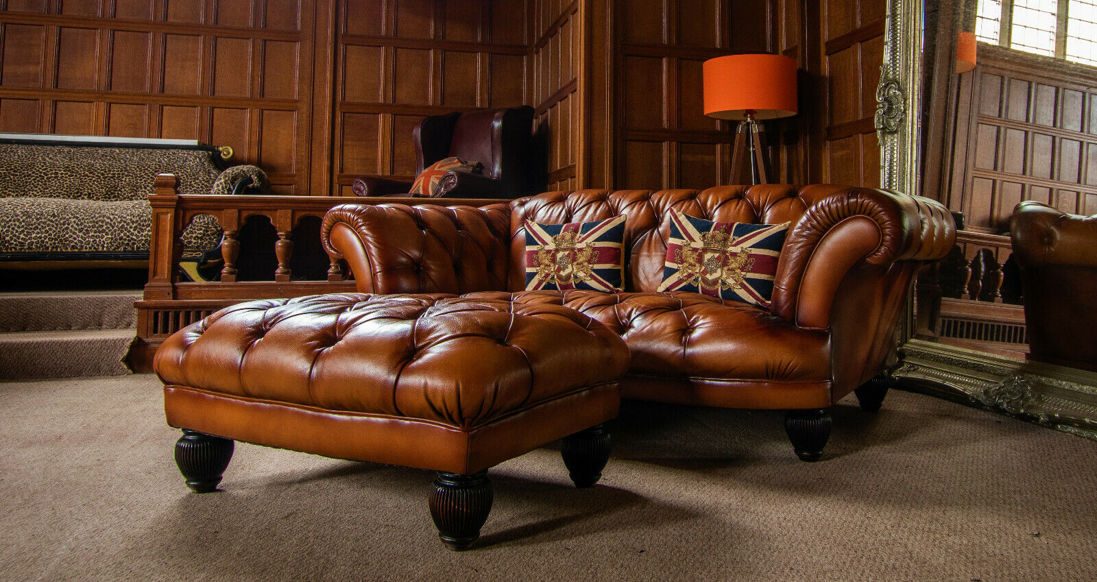 Tetrad Oskar Light Tan Leather Chesterfield 2/3 Seater Club Sofa & Footstool