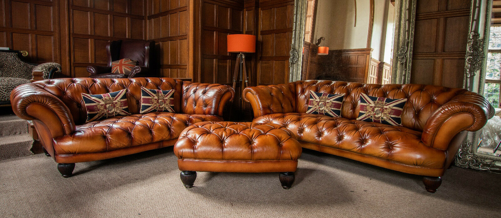 Pair of Tetrad Oskar Tan Leather Chesterfield 2/3 & 3/4 Seater Sofas Stool Suite