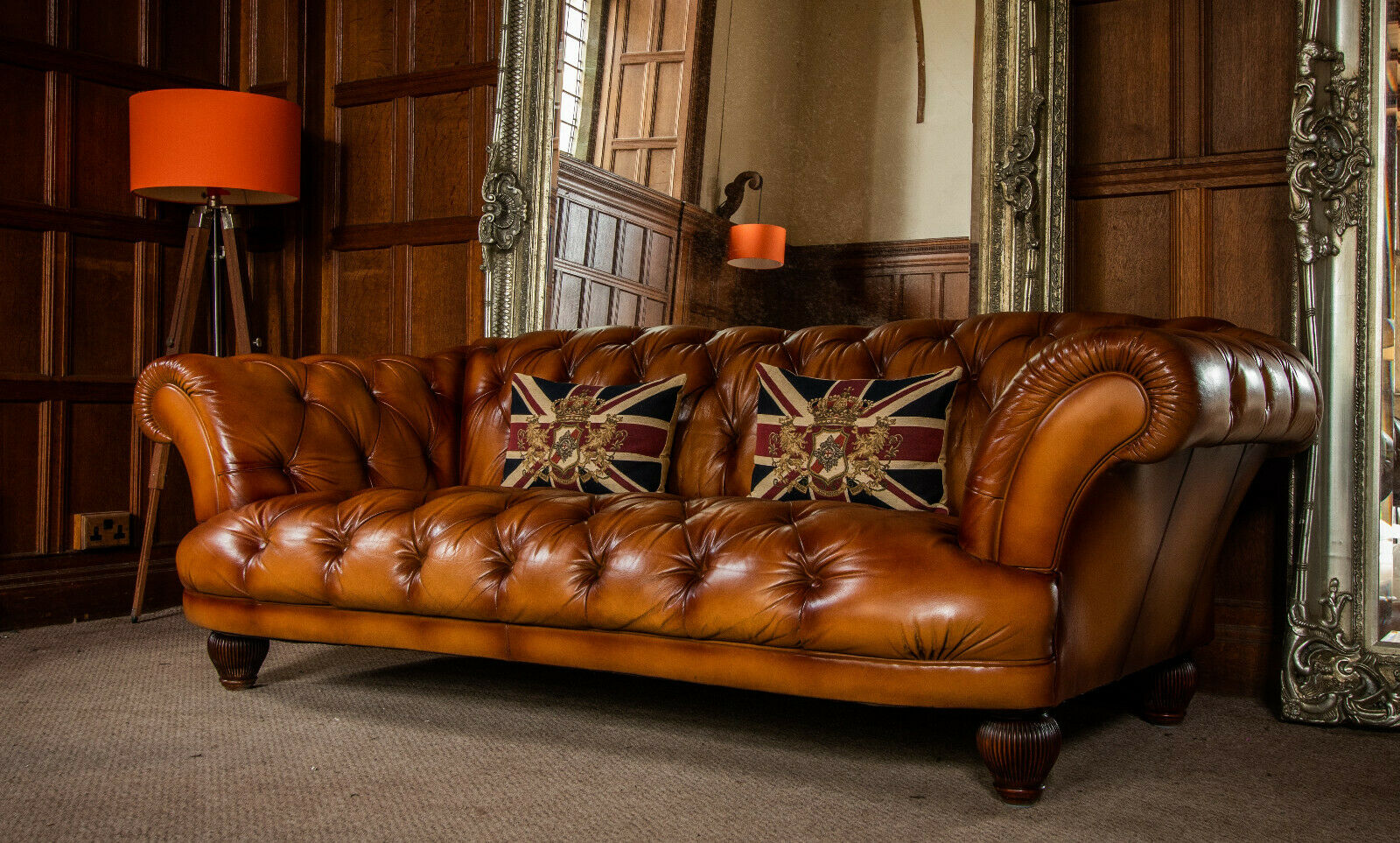 Tetrad Oskar Light Tan Grand Leather Chesterfield 3/4 Seater Club Sofa 1 of Pair