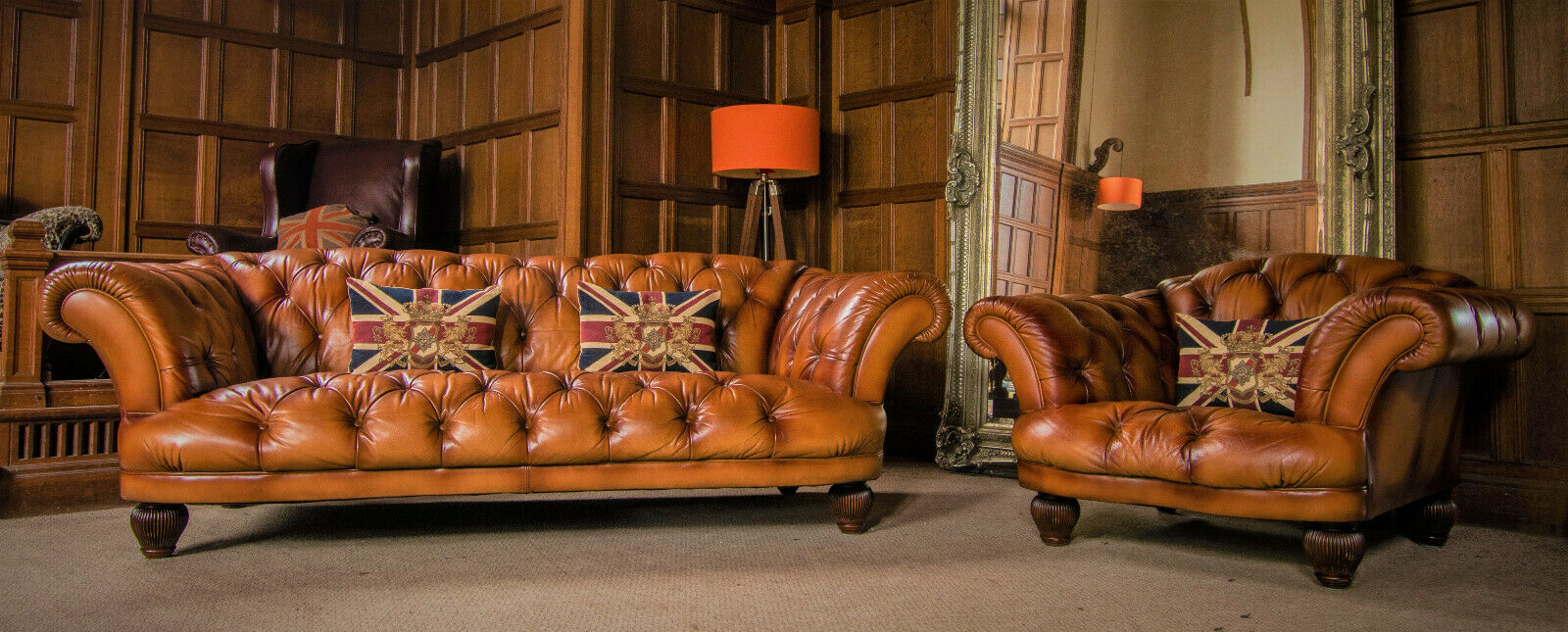 Tetrad Oskar Light Tan Leather Chesterfield Large 3/4 Seater Sofa & Club Chair