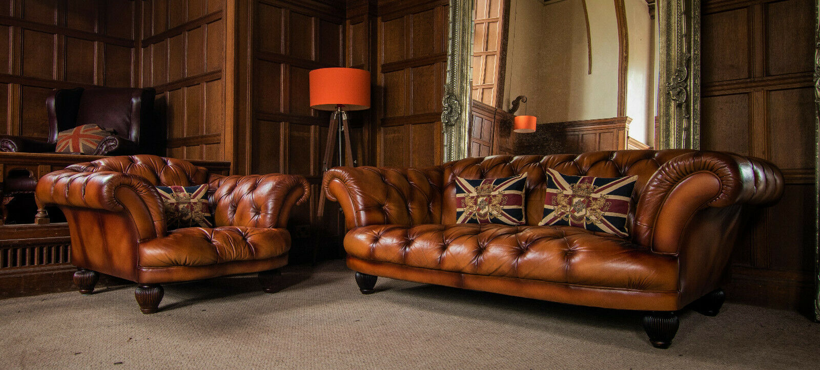 Tetrad Oskar Light Tan Leather Chesterfield 2/3 Seater Sofa & Club Armchair