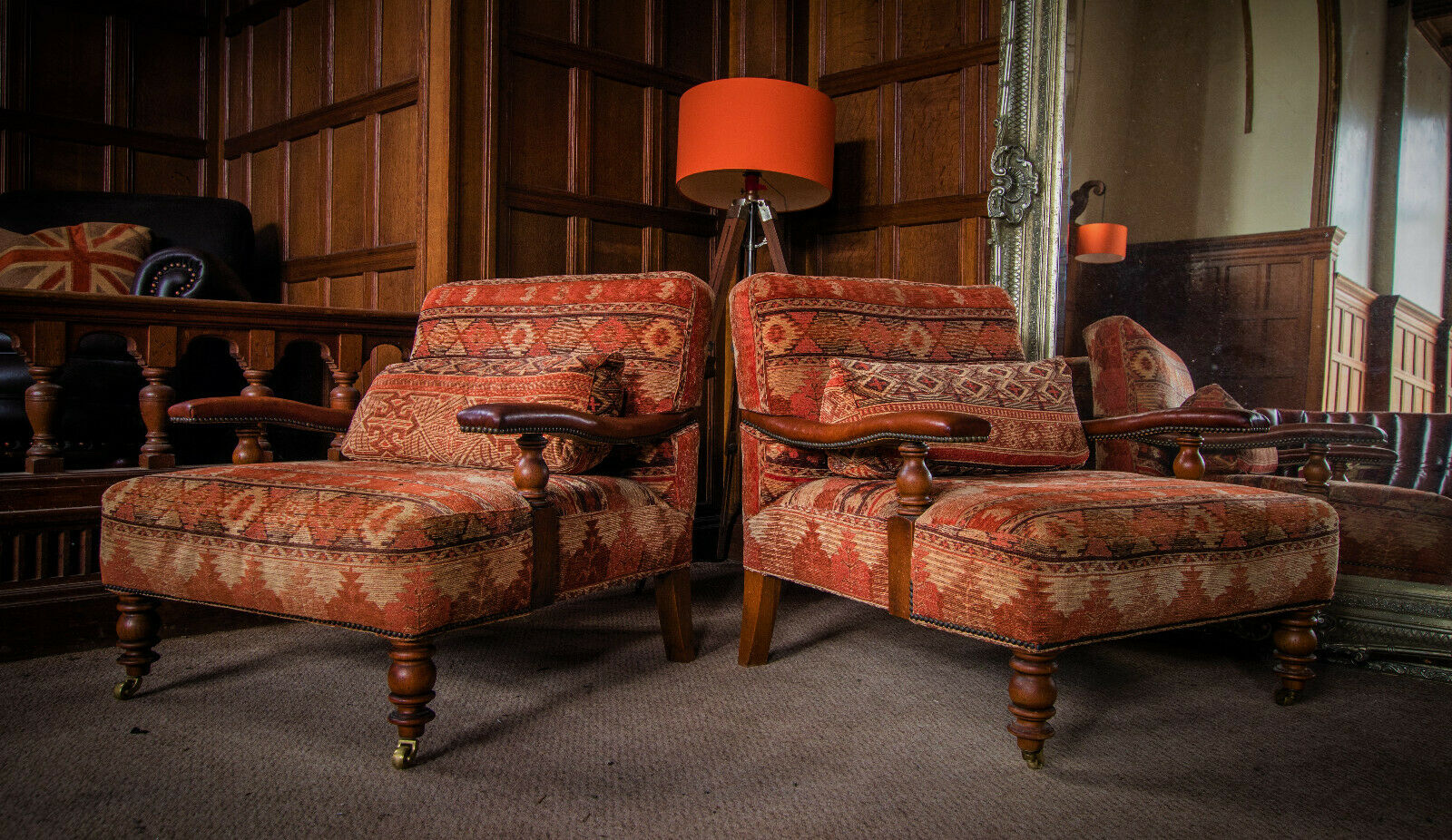 Pair of Tetrad Edward Kilim & Antique Brown Leather Colonial Howard Club Chairs