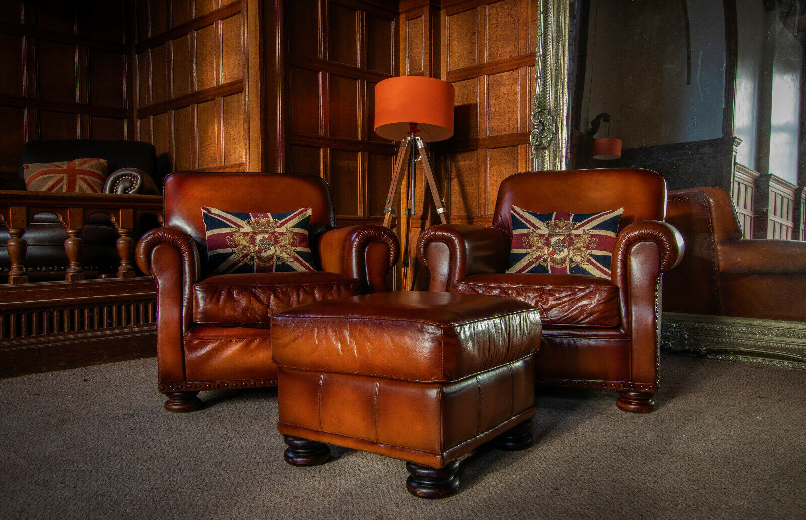 Pair of Tetrad Stornoway Antiqued Tan Brown Leather Chesterfield Chairs & Stool