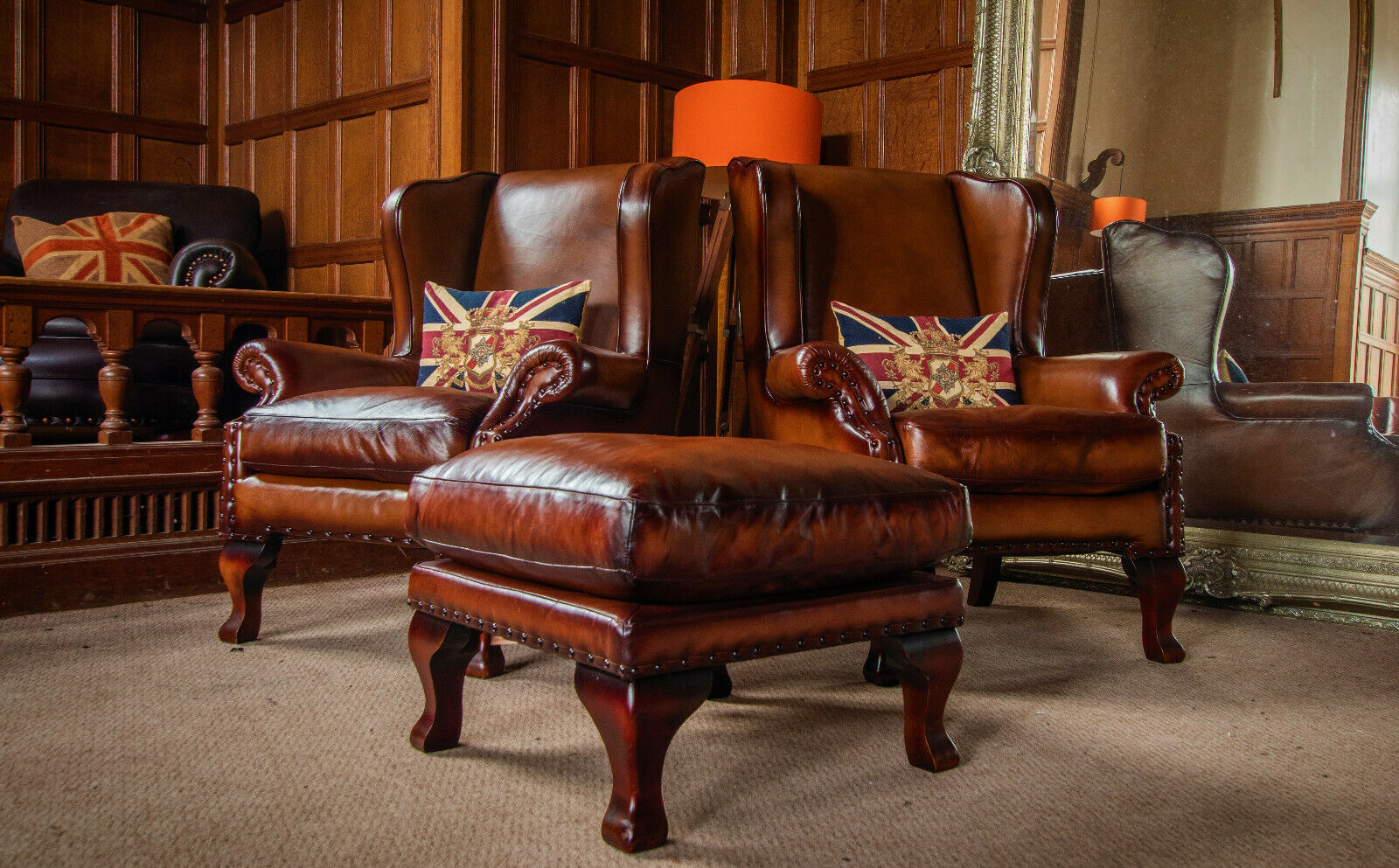 Pair Tetrad Compton John Lewis Brown Leather Chesterfield Library Chairs & Stool