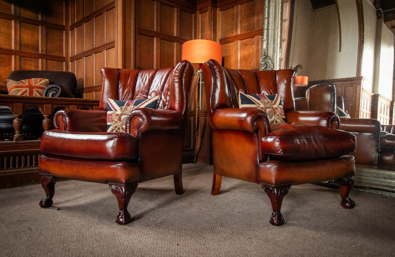 Pair of Tetrad Blake Hand Antiqued Tan Brown John Lewis Leather Club Armchairs