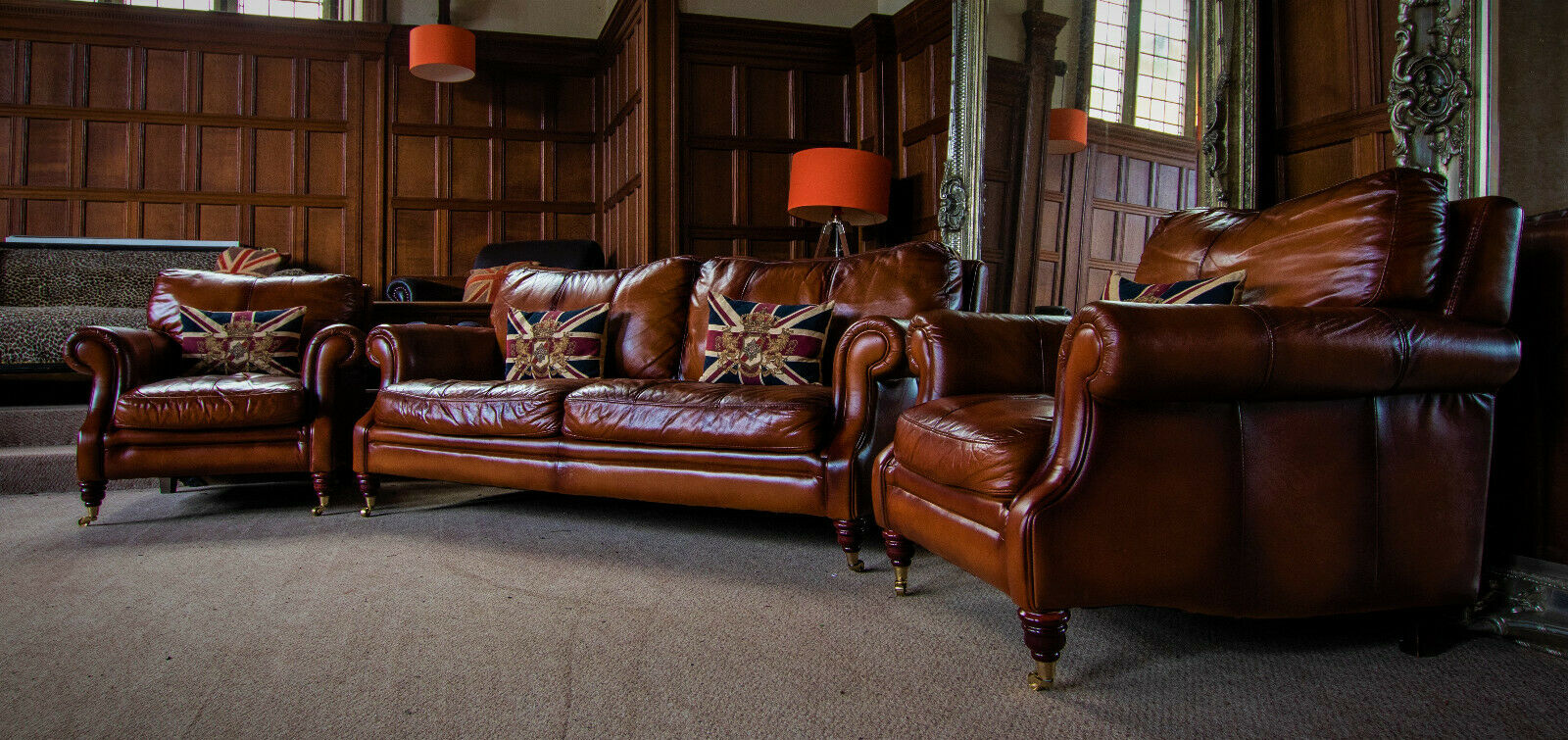 Victorian Style Antique Tan Brown Leather Suite 3 Seat Sofa Pair of Club Chairs