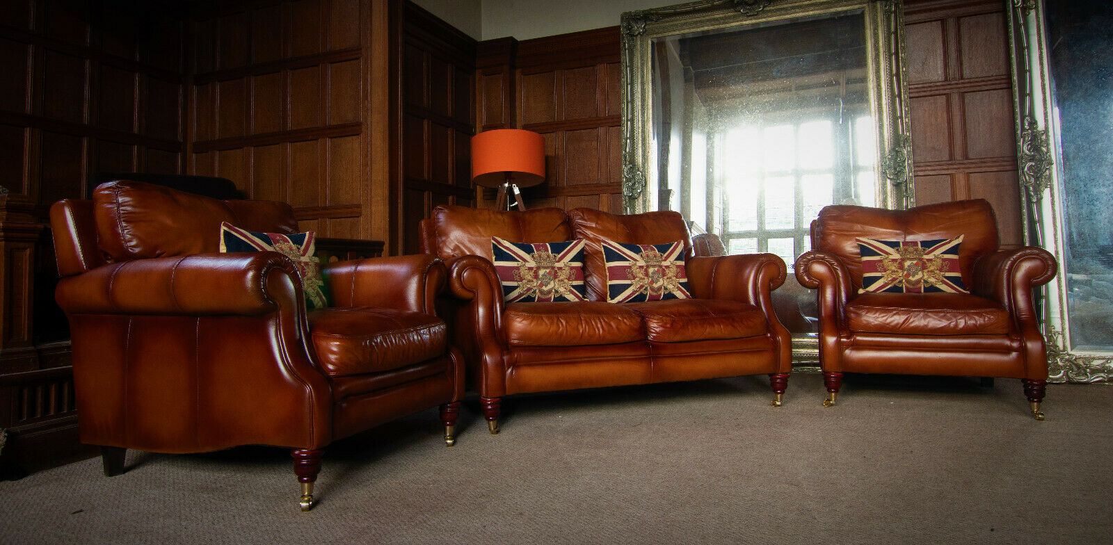 Victorian Style Antique Tan Brown Leather Suite 2 Seat Sofa Pair of Club Chairs