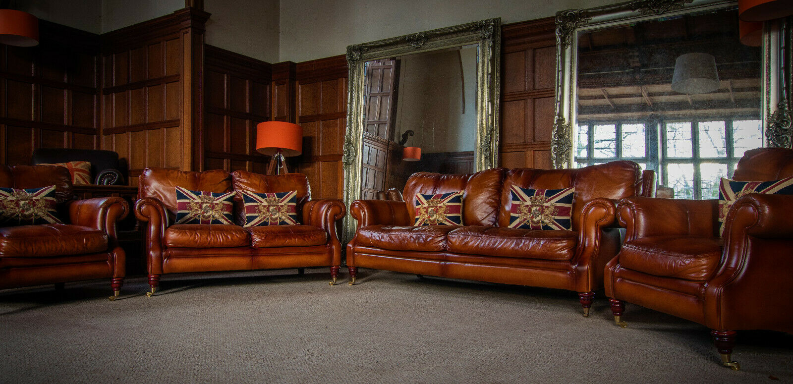 Victorian Style Antique Tan Brown Leather Suite 3 & 2 Seater Sofas & Pair Chairs
