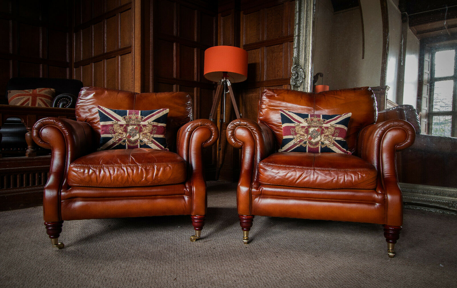 Pair of Victorian Style Antique Tan Brown Leather Chesterfield Club Armchairs