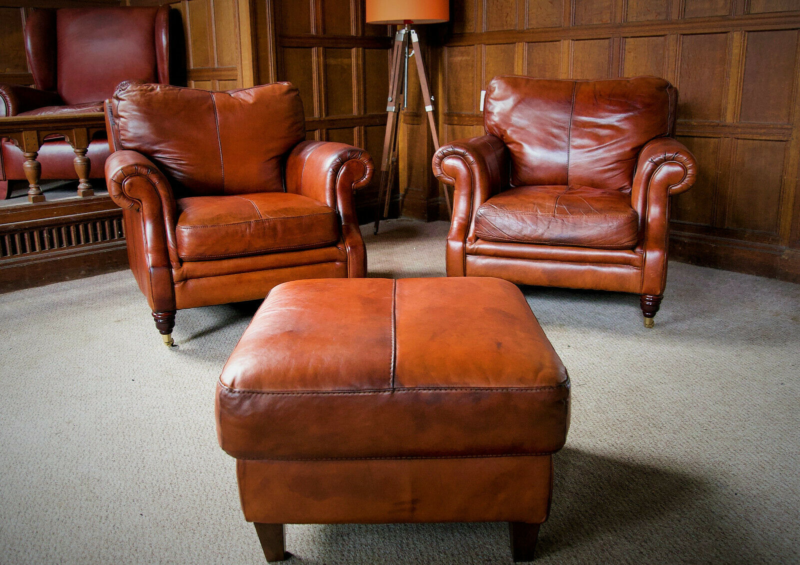 Pair of Victorian Style Chestnut Tan Leather Chesterfield Club Armchairs & Stool