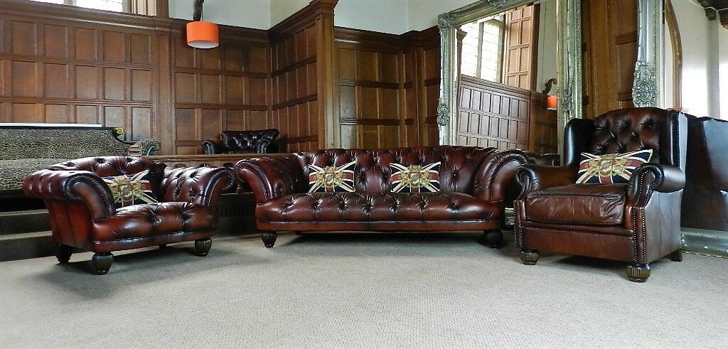 Tetrad Oskar Conker Brown Leather Chesterfield Suite Sofa Wingback & Club Chairs