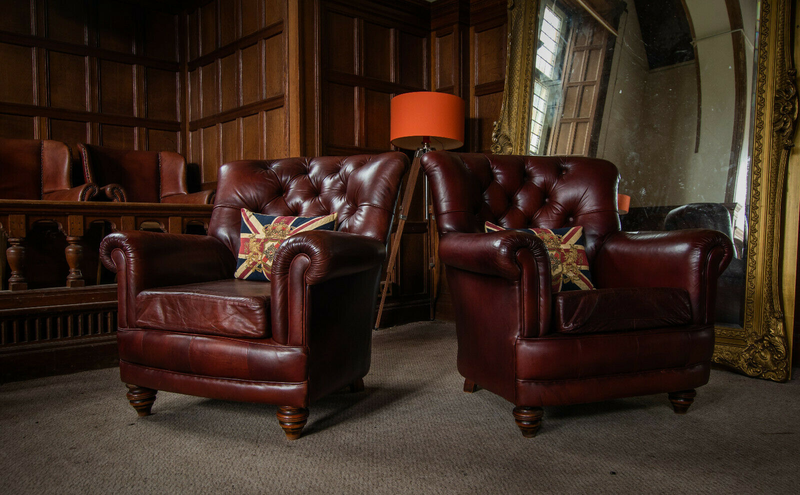 Pair of Tetrad Ribchester Wingback Antique Brown Leather Chesterfield Armchairs