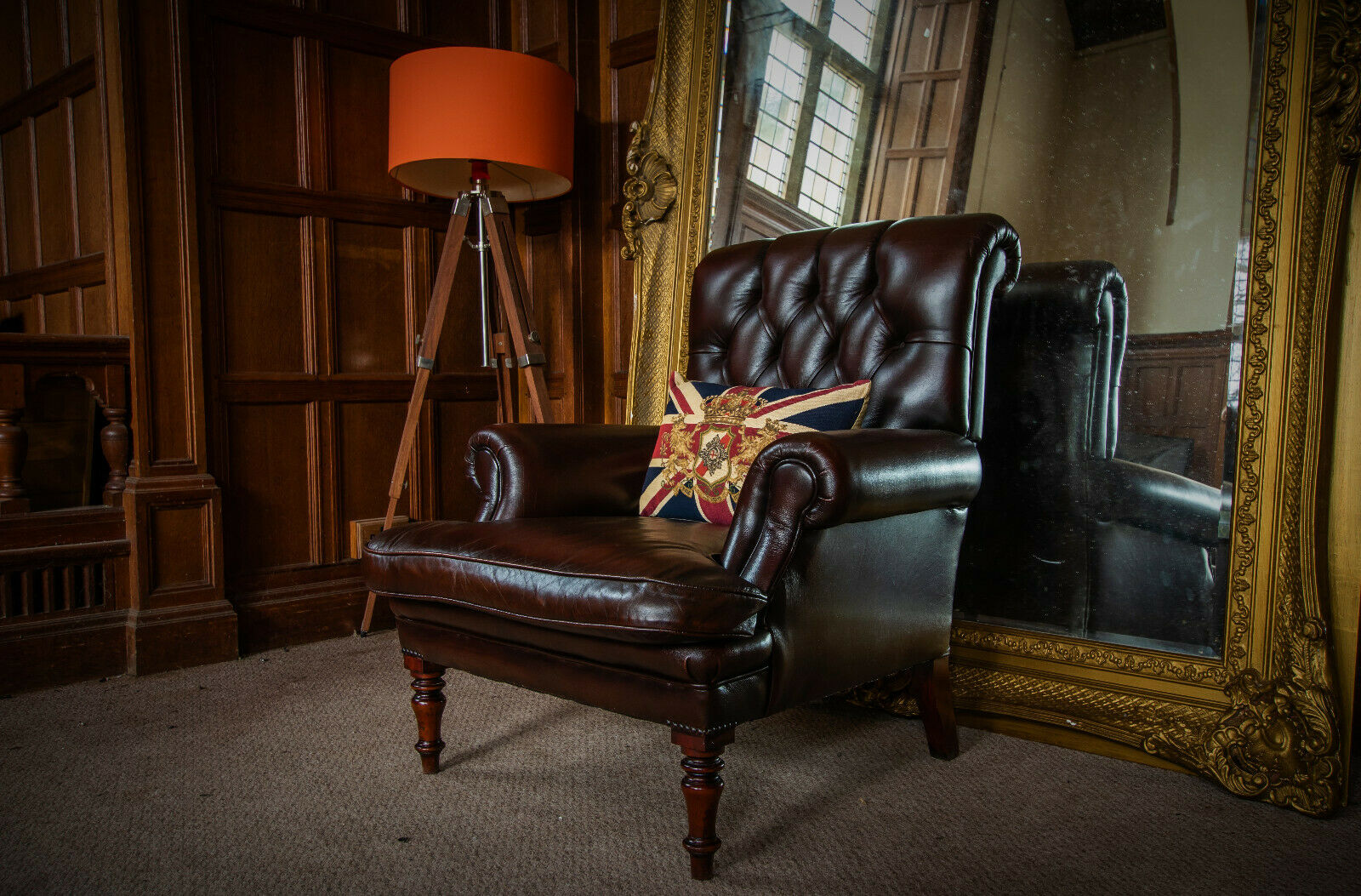 Tetrad Regency Style Antique Brown Leather Chesterfield Club Library Armchair