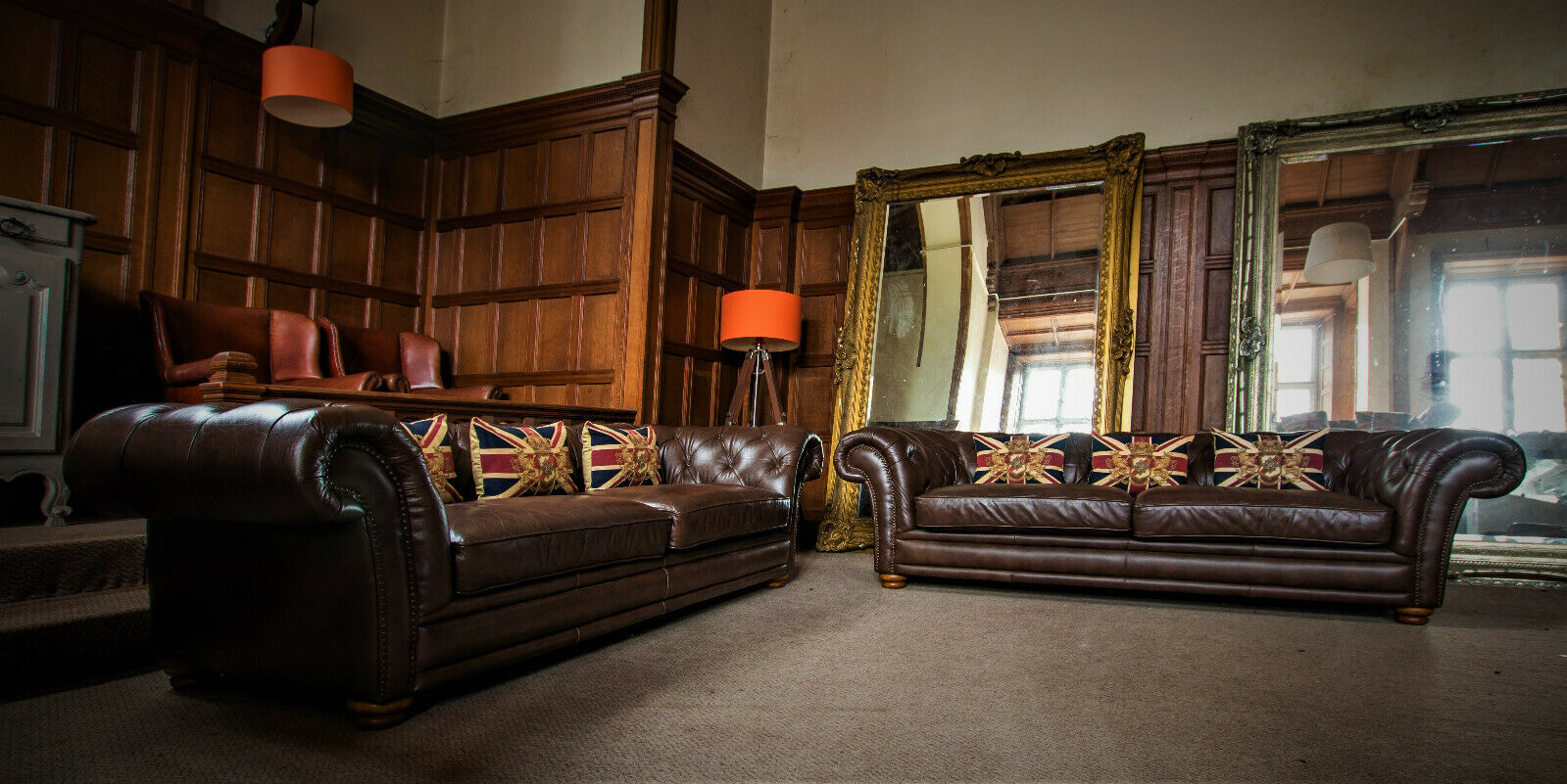 Pair of Tetrad Grand Antique Brown Victorian Style Leather Chesterfield Sofas
