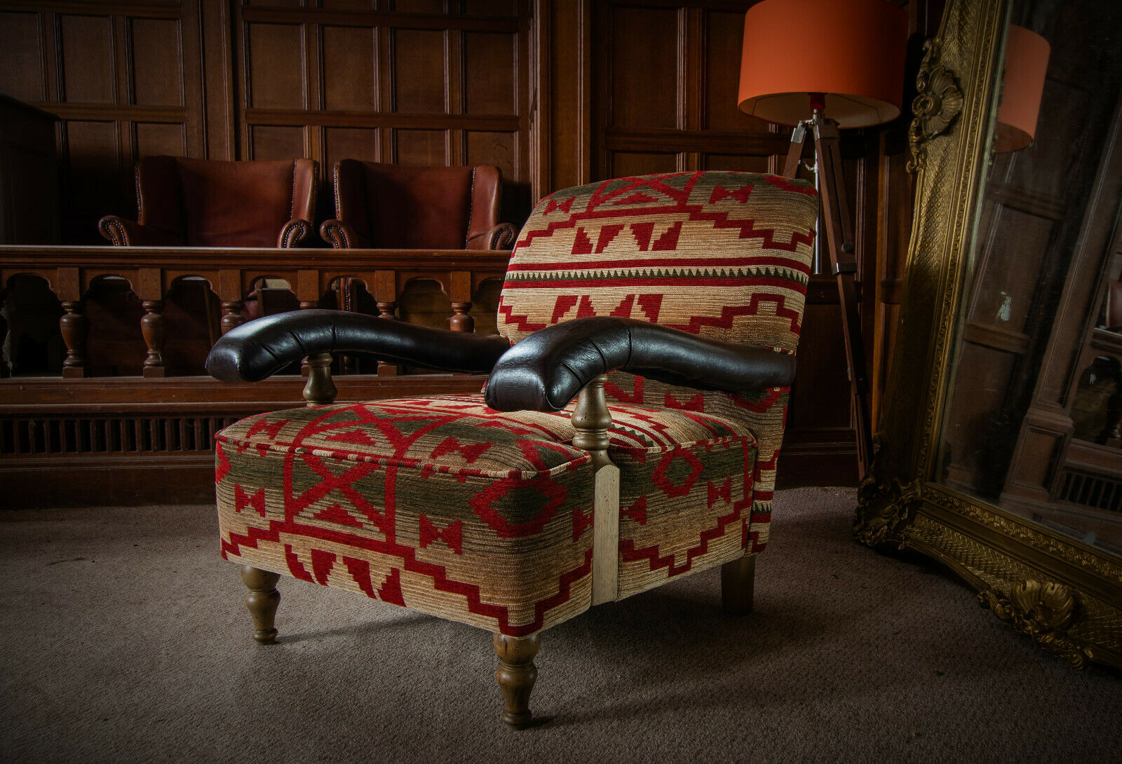 Tetrad Edward Howard Antique Style Aztec Fabric & Brown Leather Club Armchair