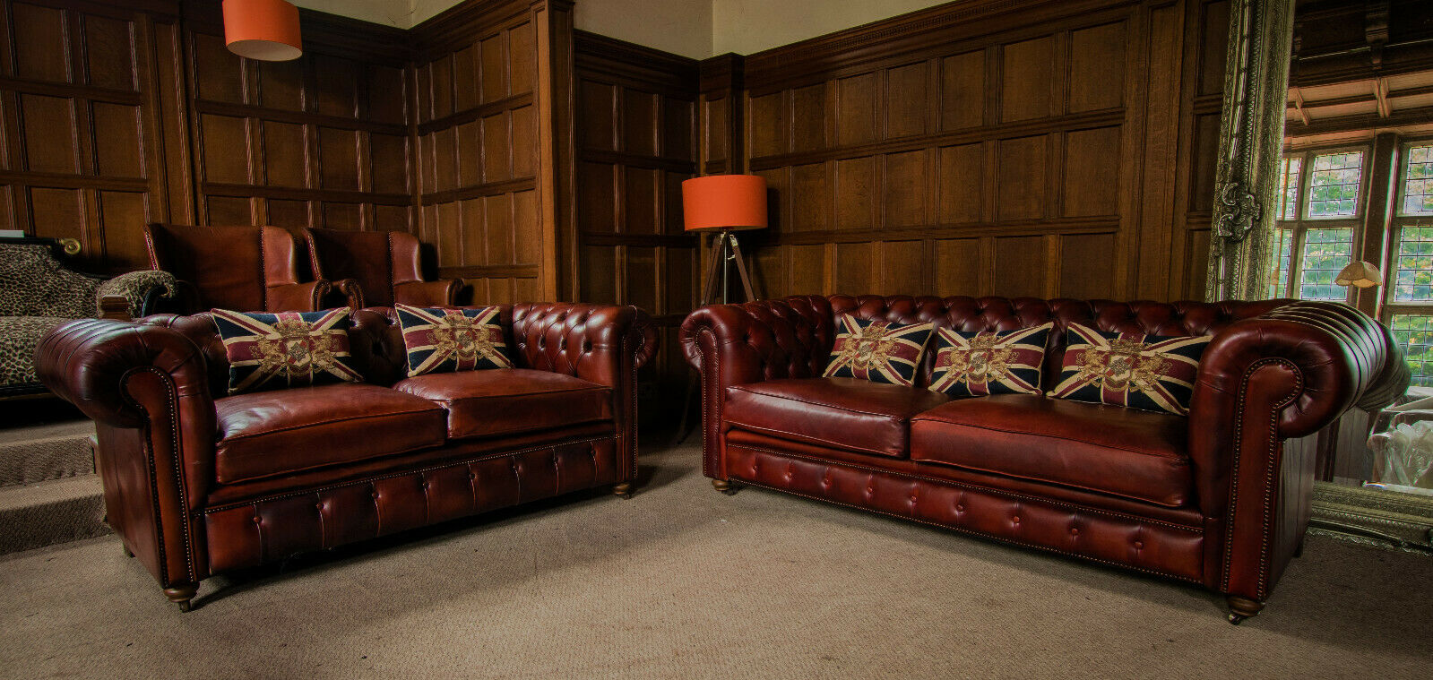 Pair of Old Boot Victorian Style Judge Leather Chesterfield 2/3 & 3/4 Seat Sofas
