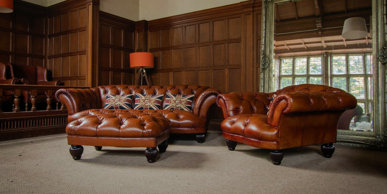 Tetrad Oskar Chestnut Tan Leather 3 Piece Suite 3/4 Seater Sofa Club Chair Stool