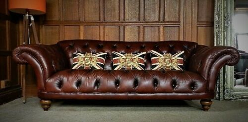 Pair of Tetrad Ribchester Chesterfield Antique Brown Leather 3/4 Seat Club Sofas