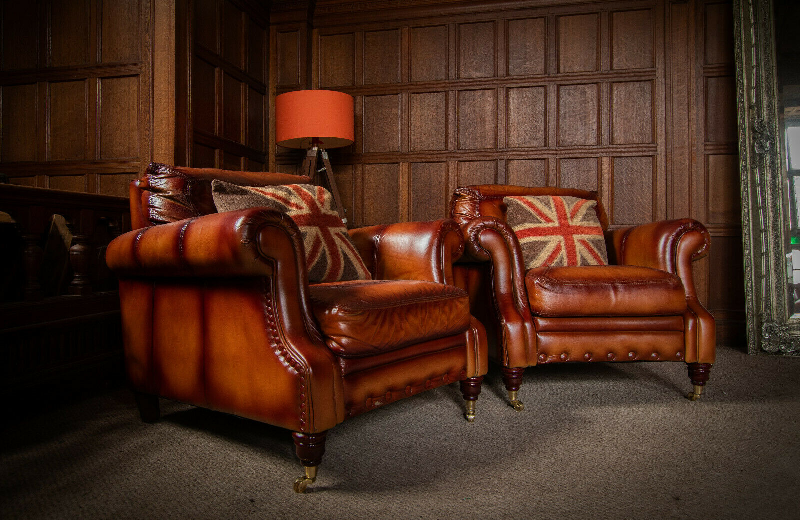 Pair of Victorian Style Antique Tan Brown Leather Chesterfield Club Armchairs