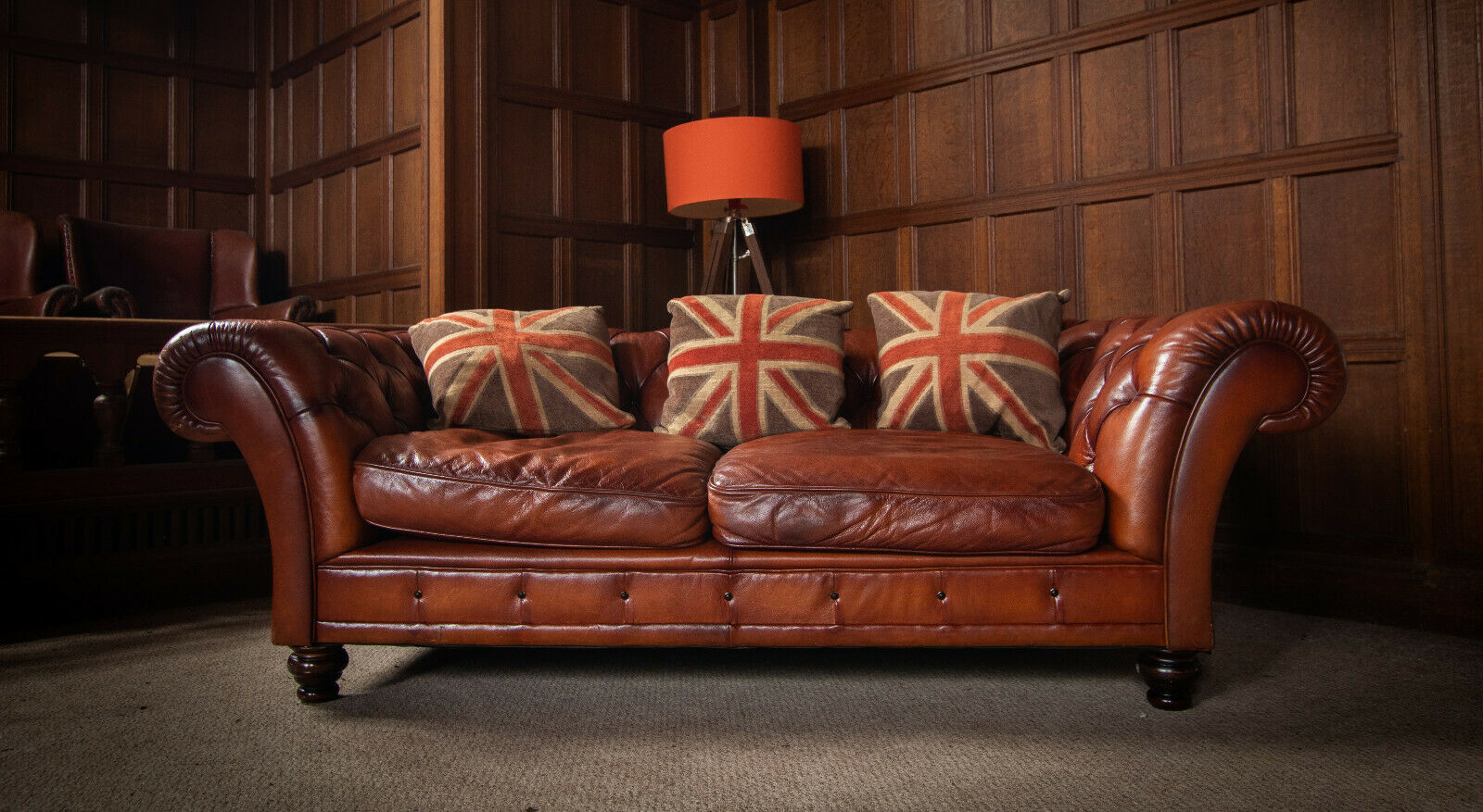 Tetrad Grand Elliot Antique Tan Brown Leather Chesterfield 3 Seater Club Sofa