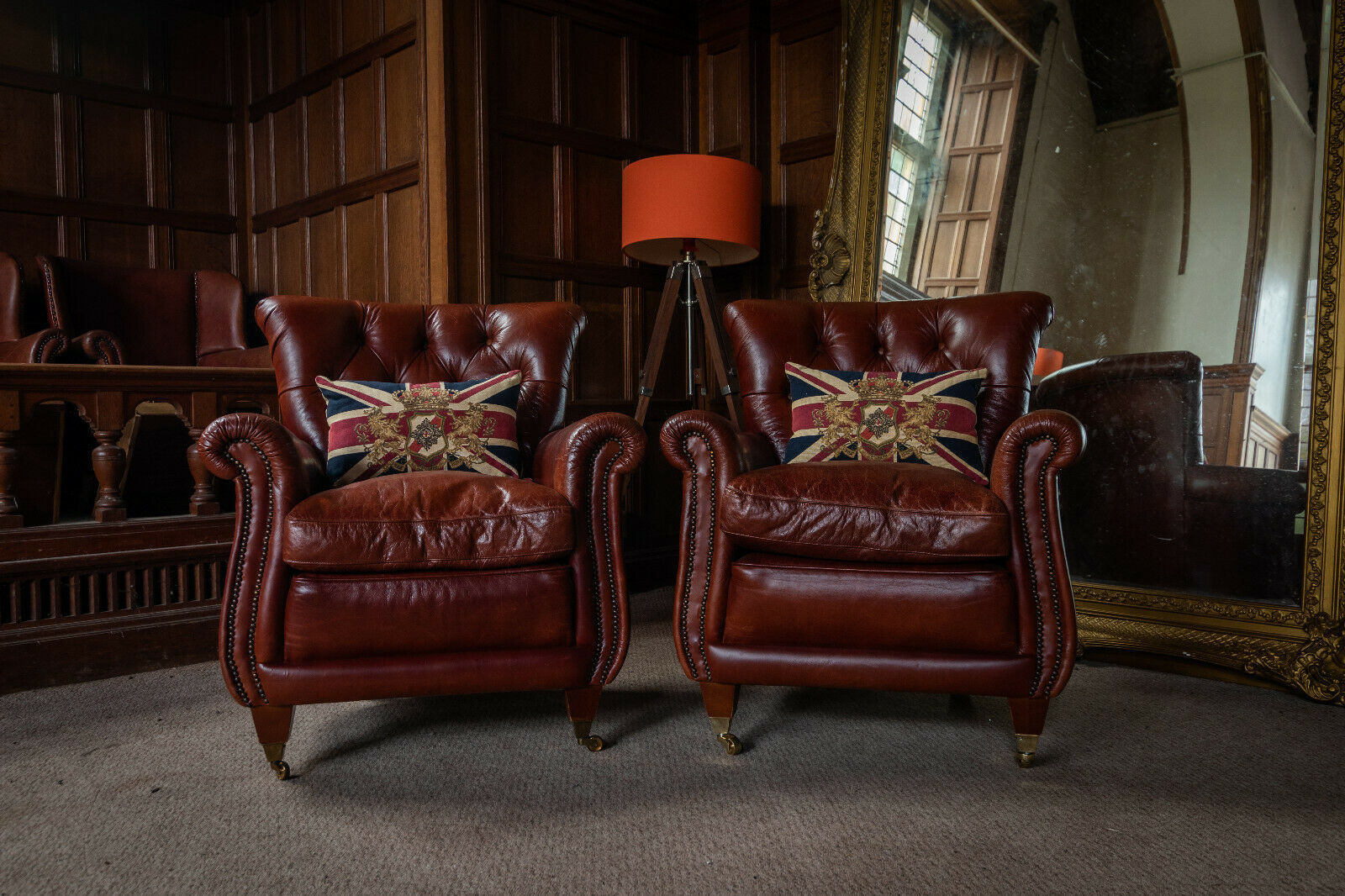 Pair of Tetrad Coleridge Antique Tan Brown Leather Chesterfield Club Armchairs