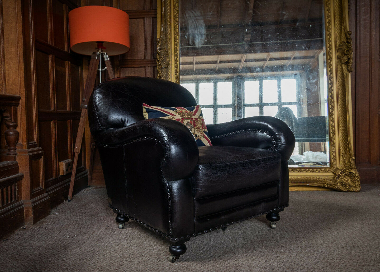 Halo Black Stud Biker Leather Flea Market Cigar Chesterfield Club Armchair