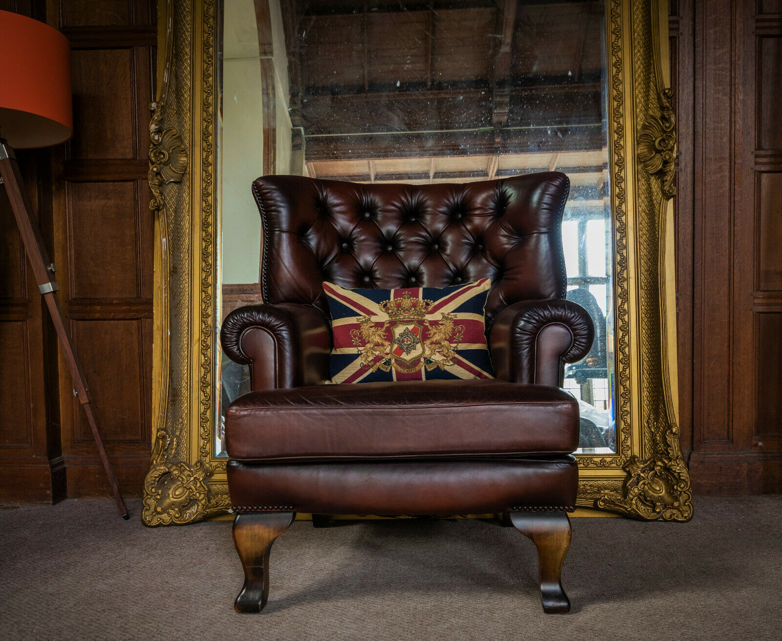 Tetrad Blake Wingback Hand Antique Brown Tan Leather Chesterfield Library Chair