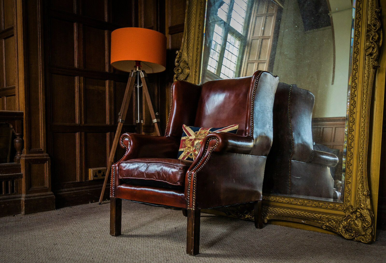 Chestnut Antique Leather Stud Chesterfield Regency Style Library Wingback Chair