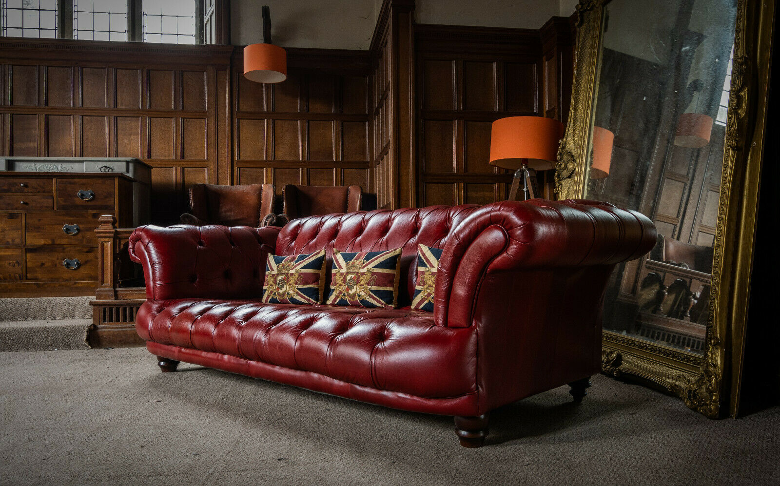 Grand Chesterfield Antique Oxblood Red Leather Club 3/4 Seater Oskar Style Sofa