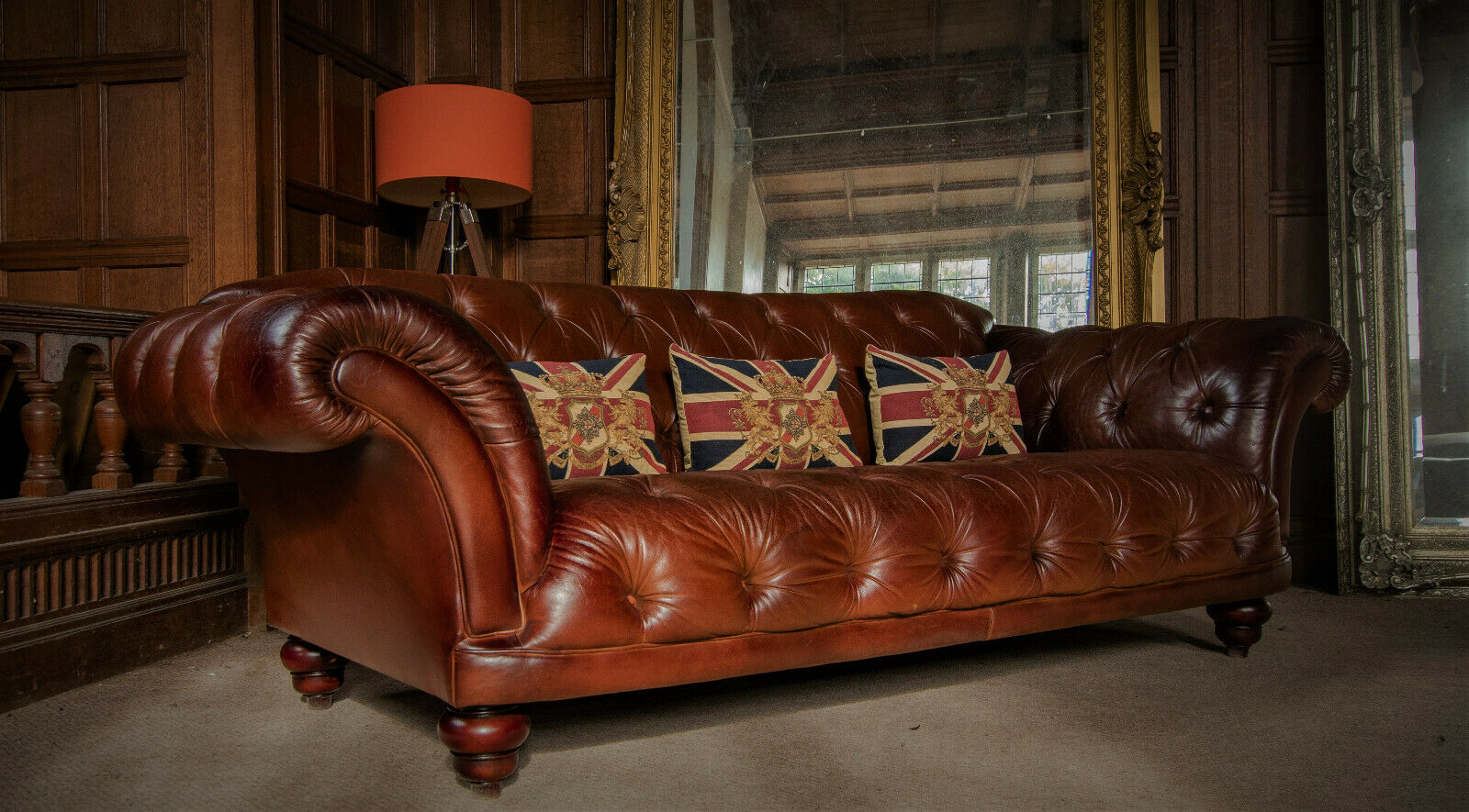Tetrad Grand Ribchester Chesterfield Antiqued Tan Brown Leather 3/4 Seater Sofa