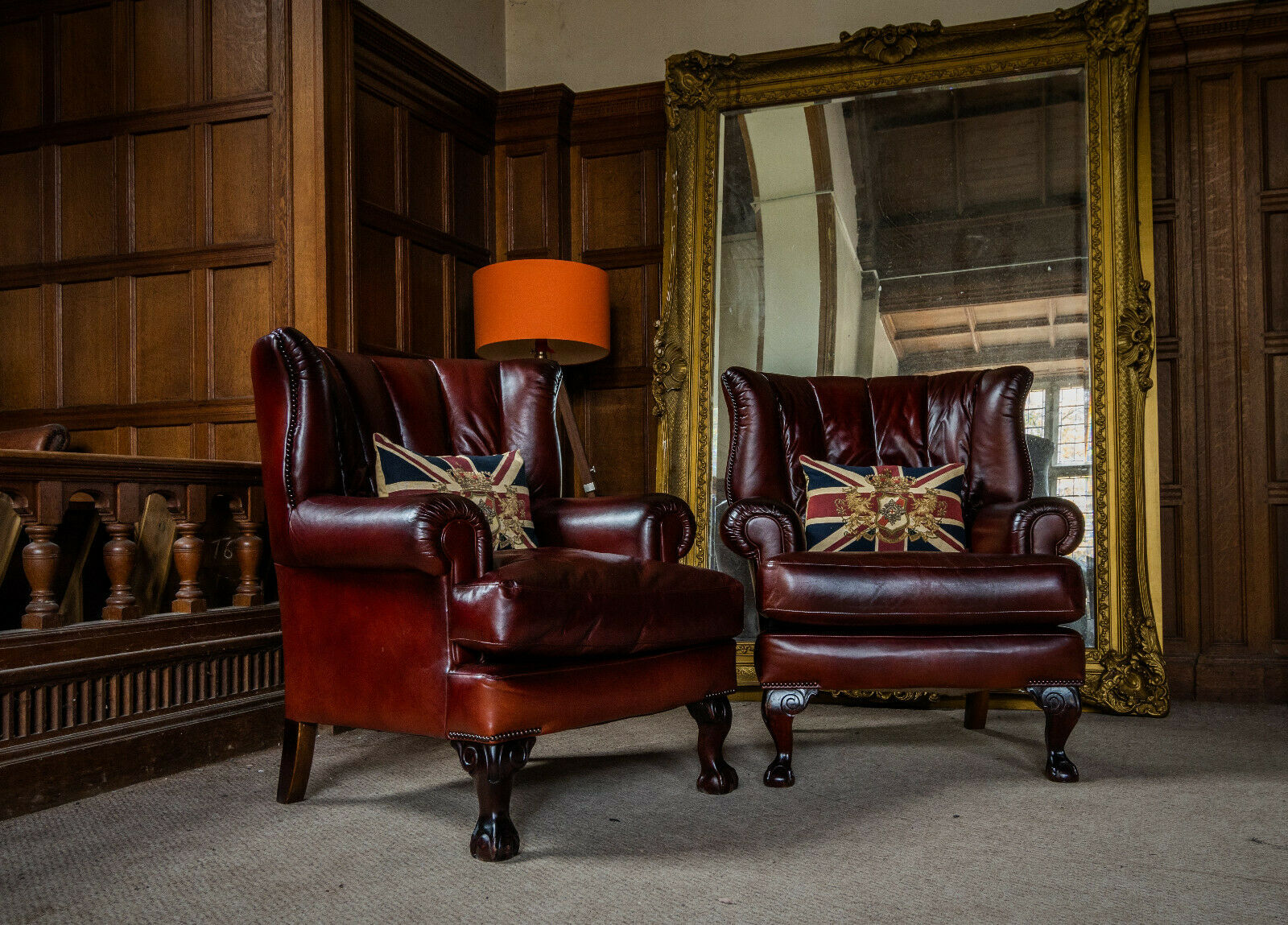 Pair of Tetrad Blake Wingback Antique Chestnut Brown Leather Chesterfield Chairs