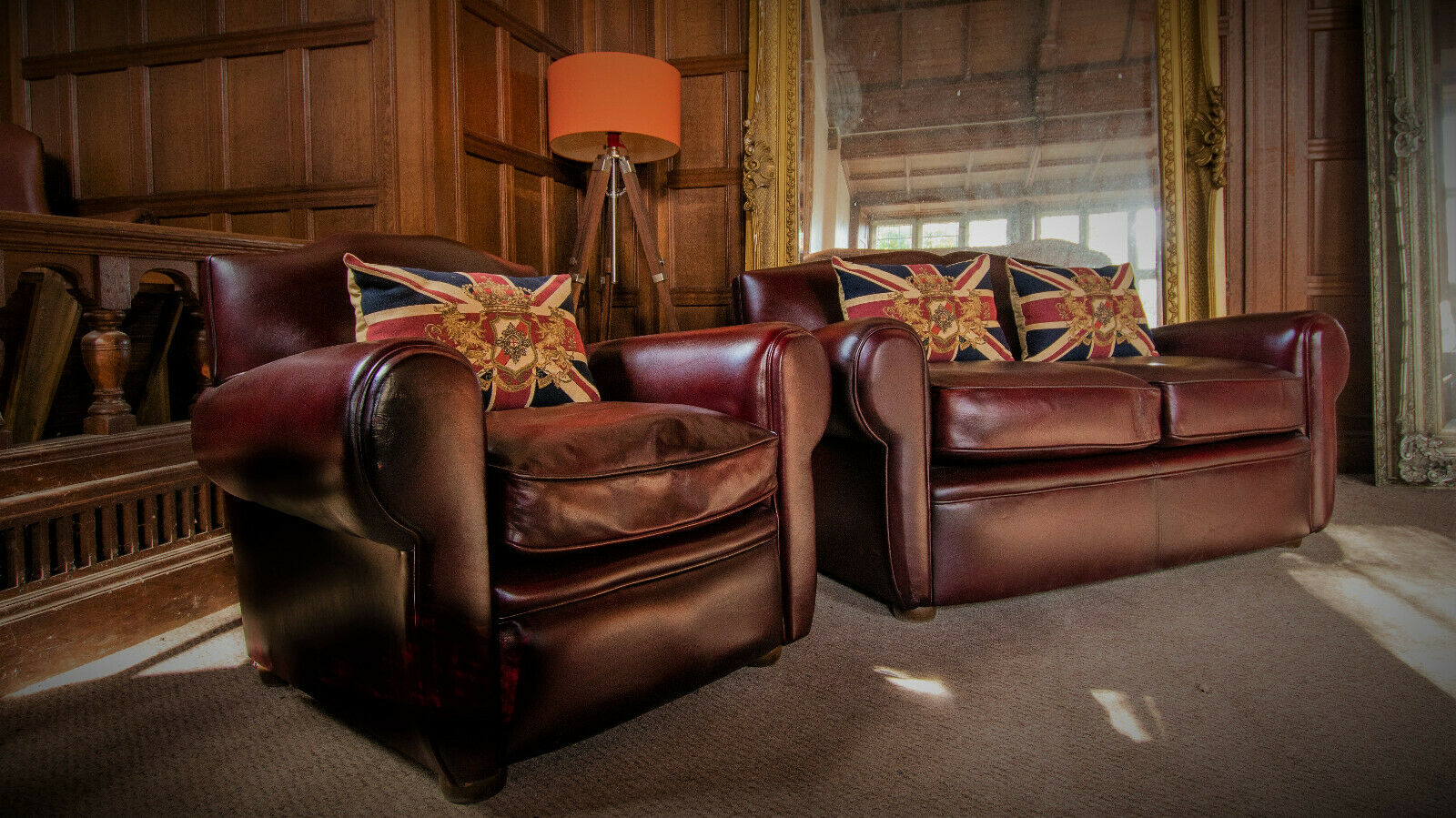 Old Boot Old Lace Suite Antique Chestnut Leather 2 Seater Club Sofa & Deco Chair