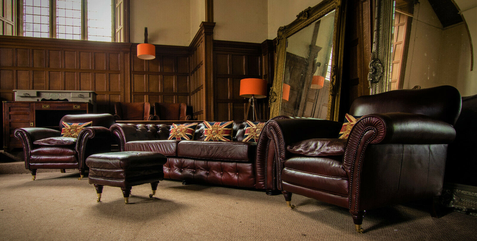 Tetrad Blenheim Antique Chestnut Leather Chesterfield Suite Sofa Pair of Chairs
