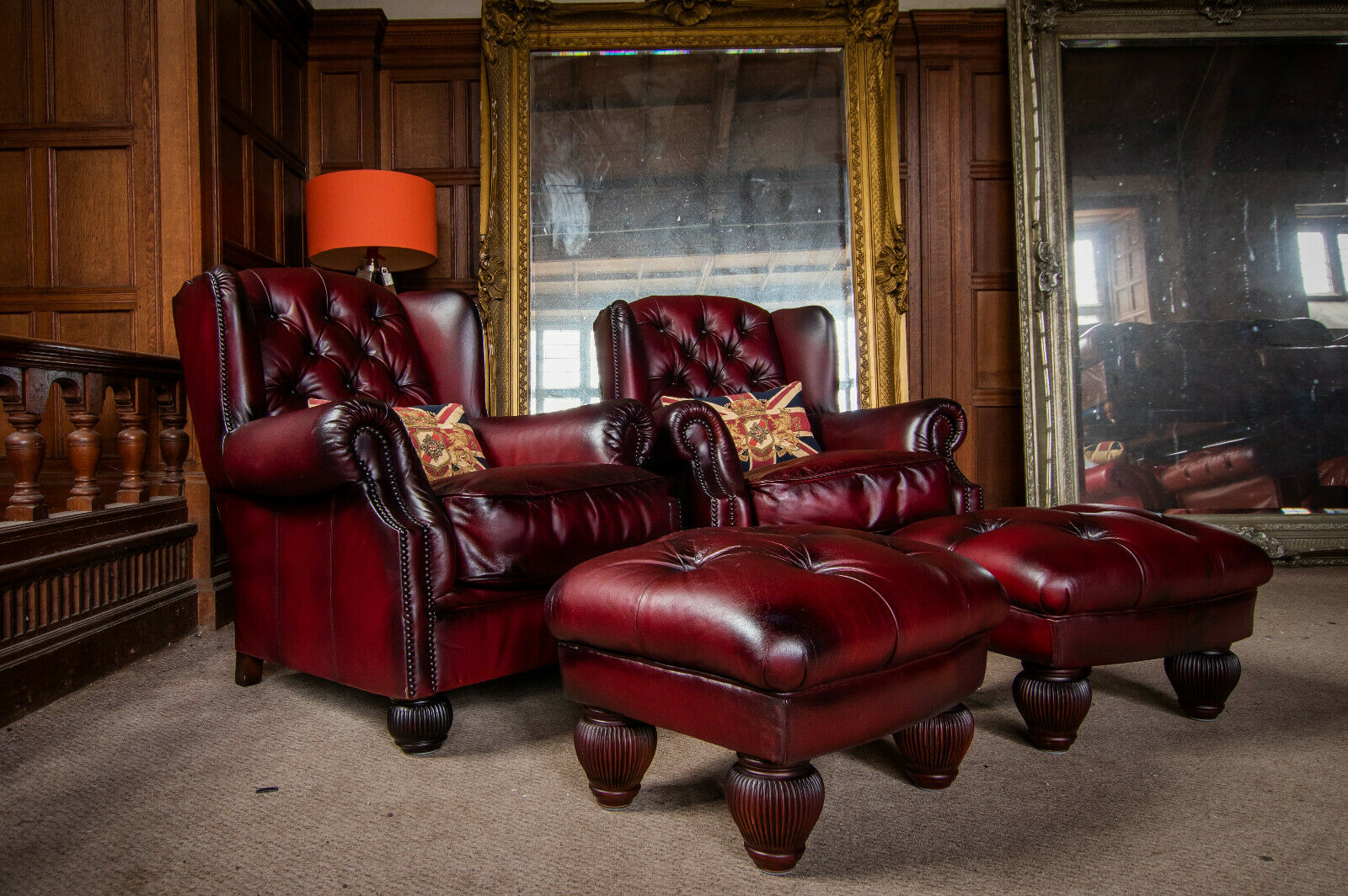 Pair of Tetrad Oskar Russet Chesterfield Leather Club Wingback Chairs & Stools
