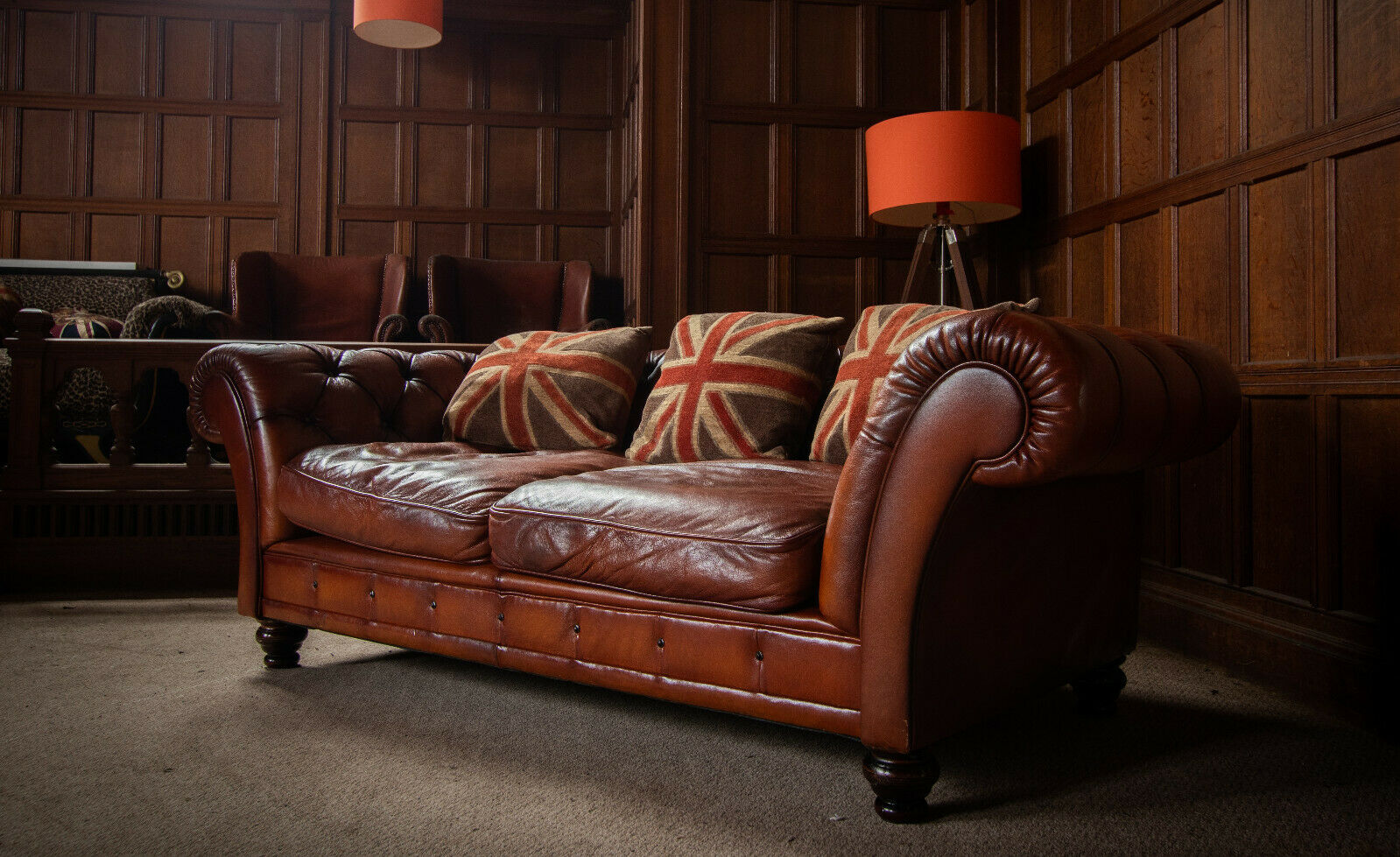 Tetrad Grand Elliot Antique Tan Brown Leather Chesterfield 3 Seater Club Sofa