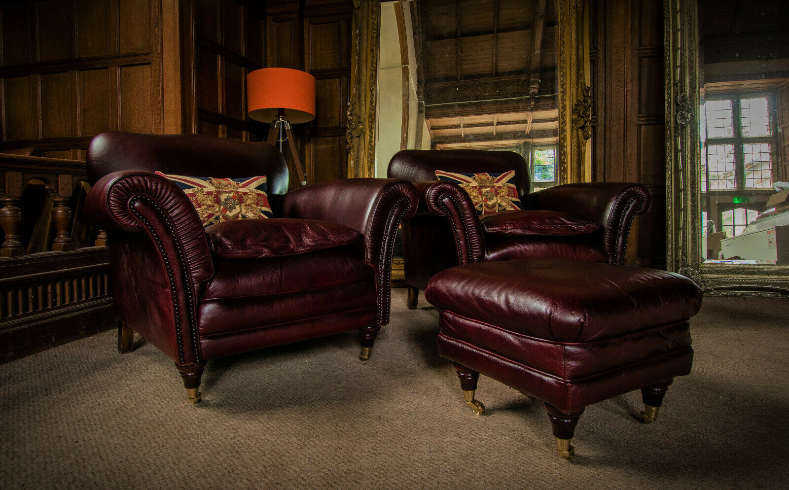 Pair of Tetrad Blenheim Antique Chestnut Leather Chesterfield Club Chairs Stool