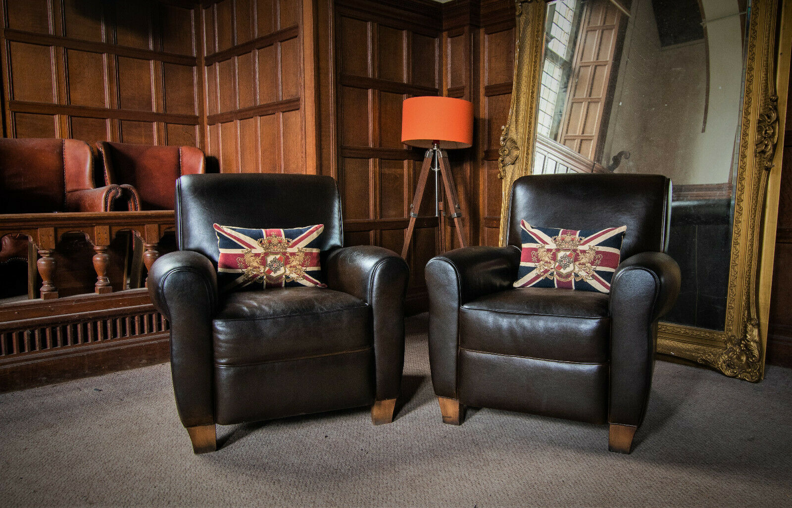 Pair of French Cigar Arm Antique Brown Vintage Gentlemens Club Armchairs