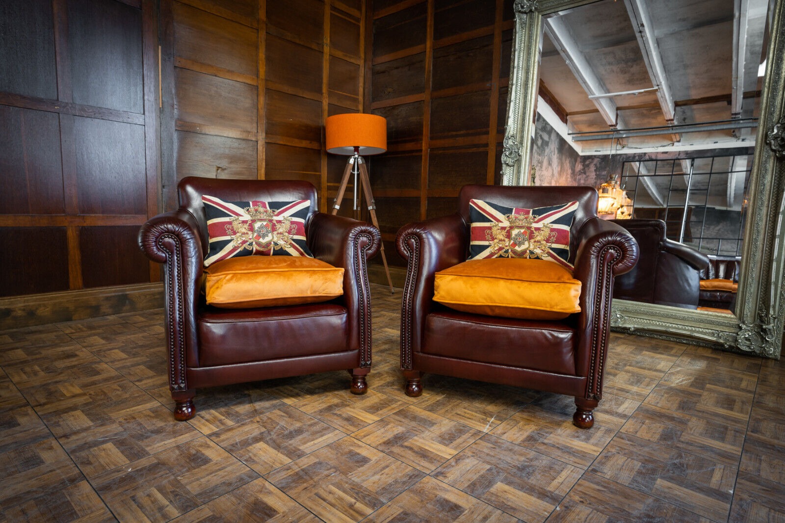 Pair of Tetrad Keats Antique Tan Brown Leather Small Chairs Gold Velvet Cushions