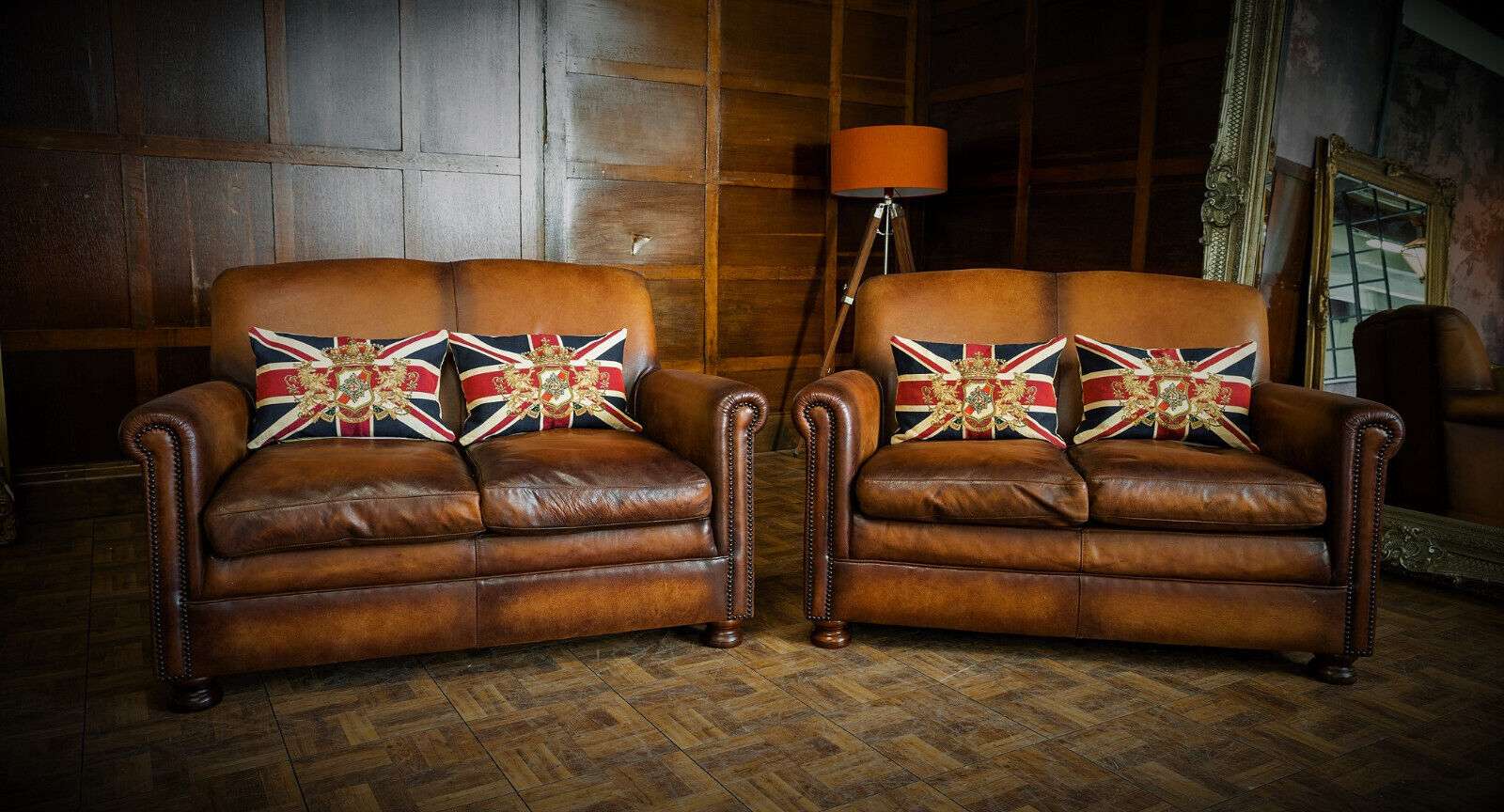 Pair Tetrad Prince Antiqued Tan Brown Leather Chesterfield Small 2 Seater Sofas