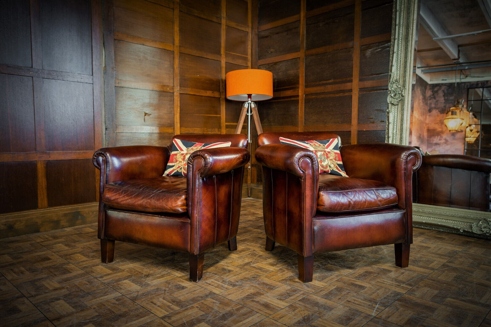 Pair of Tetrad John Lewis Camford Antiqued Cigar Tan Brown Leather Petit Chairs