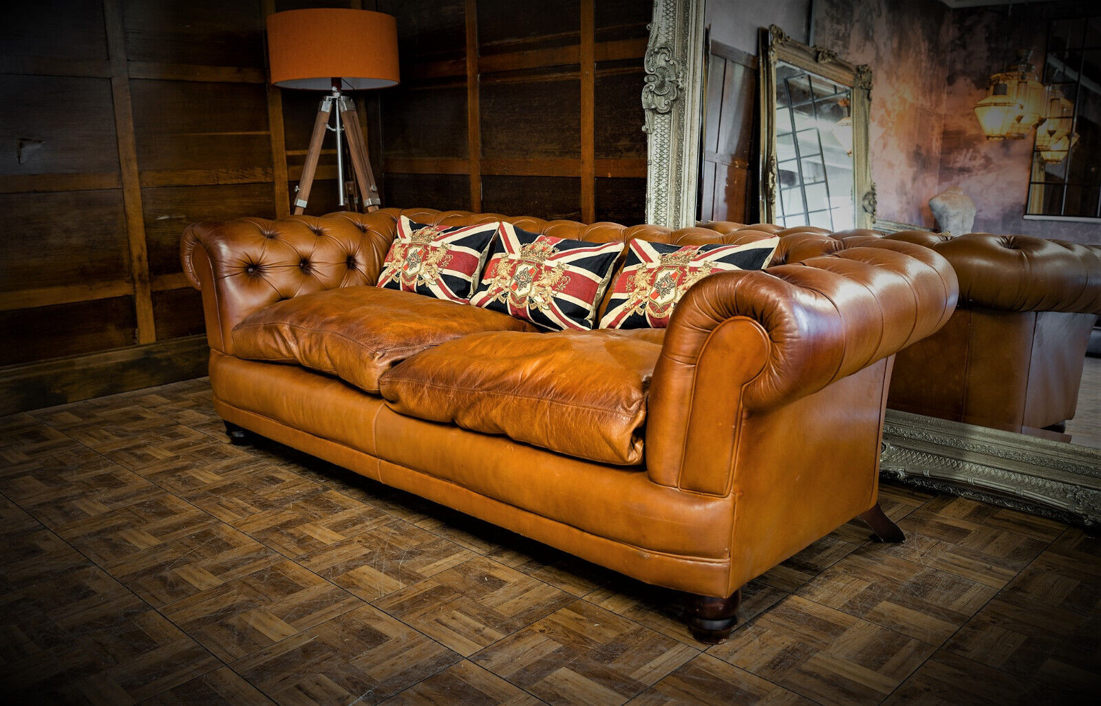 Tetrad Grand Chatsworth John Lewis Antiqued Light Tan Leather Chesterfield Sofa