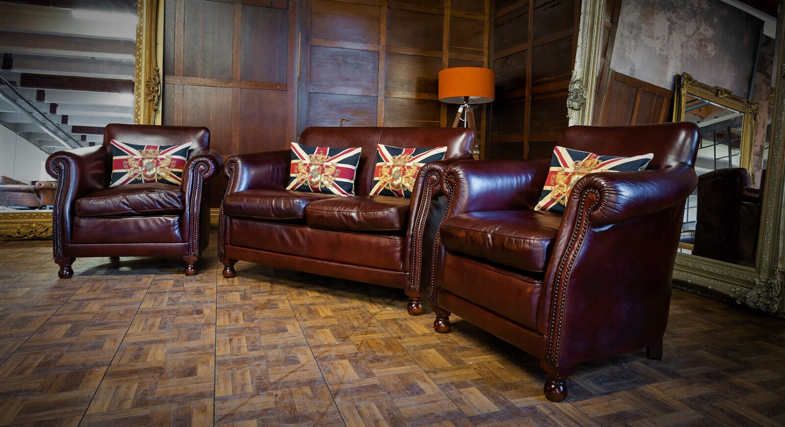 Tetrad Keats Antique Chestnut Leather Chesterfield Suite Small Sofa Pair Chairs