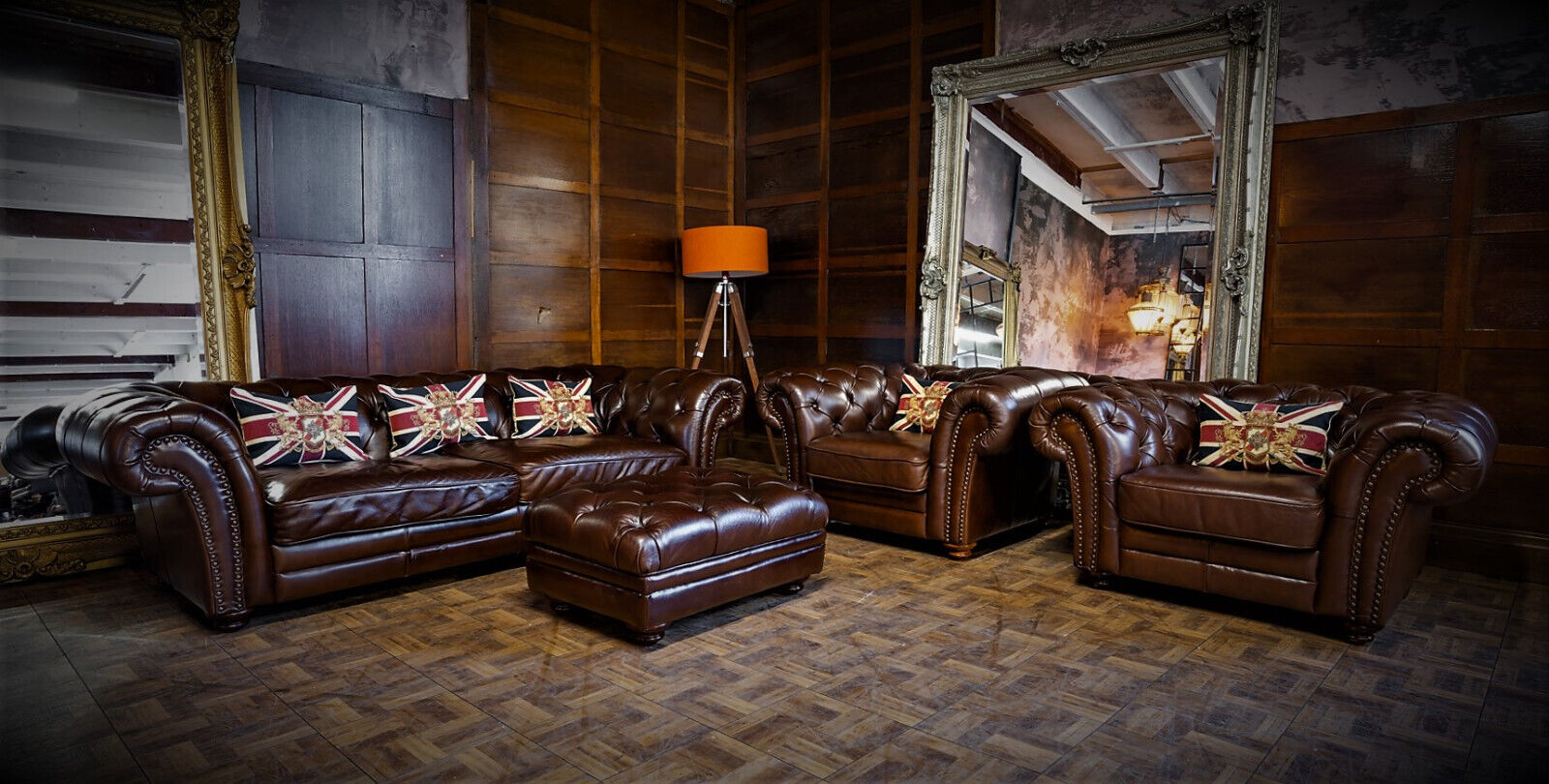 Chesterfield Antique Brown Vintage Leather Suite Large Sofa Pair Chairs & Stool