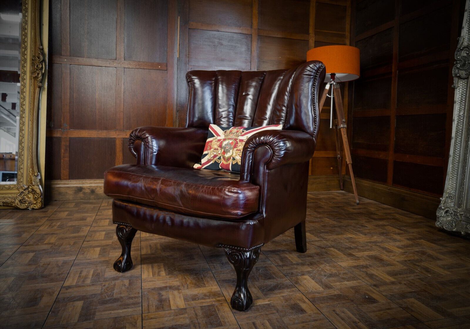 Tetrad Blake Wingback Antique Tan Brown Leather Chesterfield Library Armchair