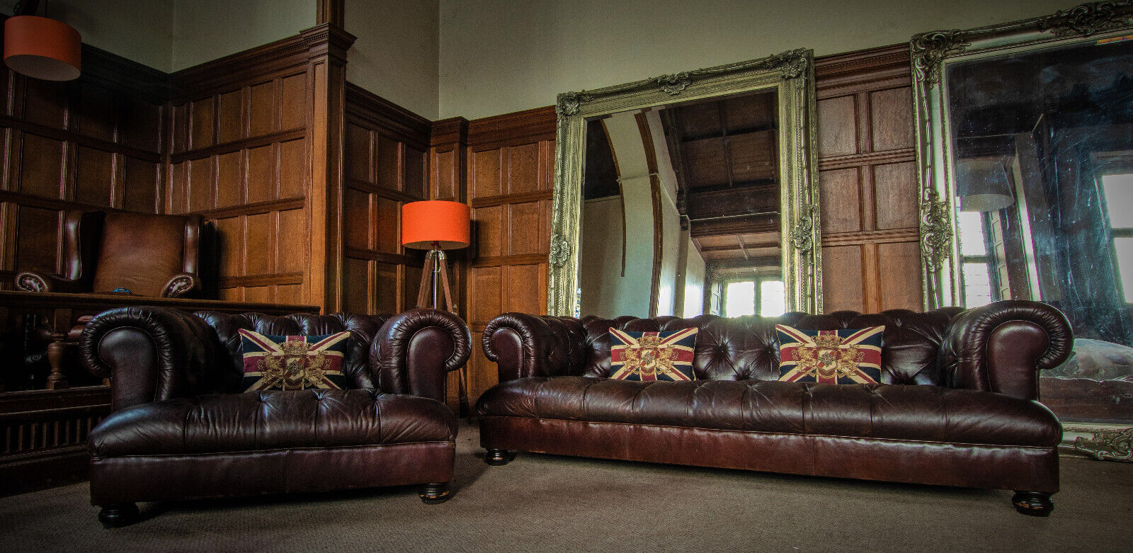 Tetrad Drummond Antique Tan Brown Leather Chesterfield 3/4 Seater Sofa & Chair