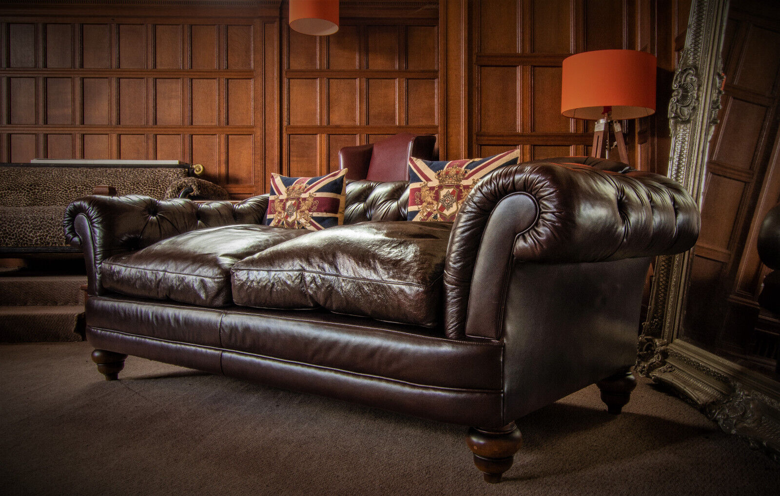 Pair of Tetrad Melrose Laura Ashley Chesterfield Espresso Brown Leather Sofas