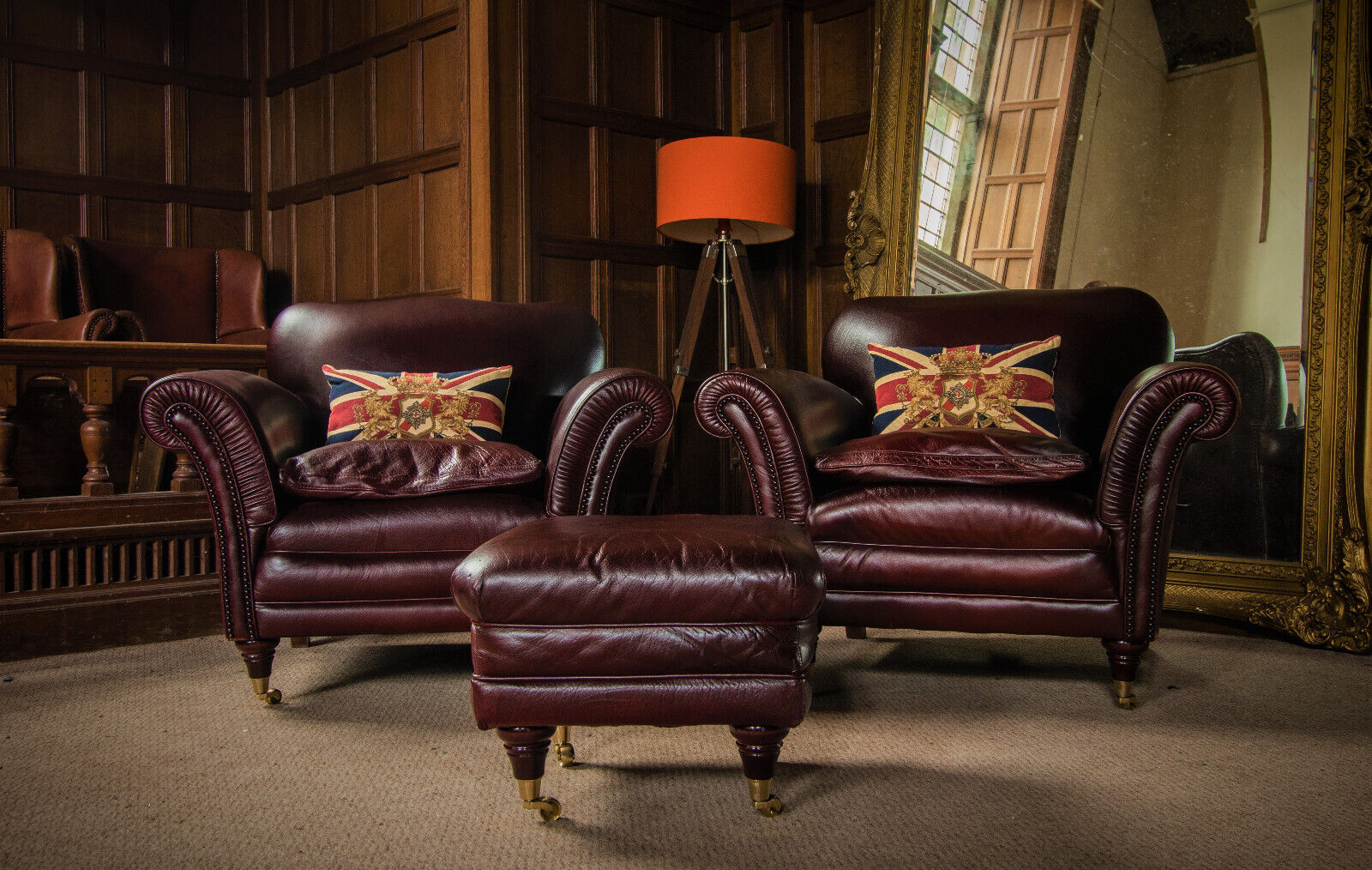 Pair of Tetrad Blenheim Chestnut Tan Leather Chesterfiled Club Armchairs & Stool