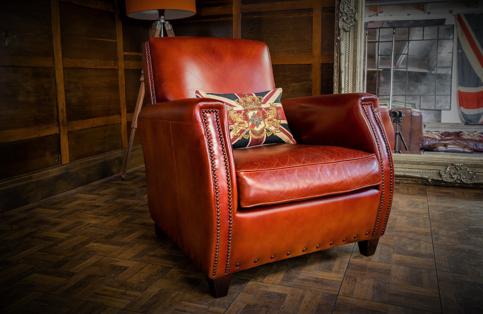 French Antique Style Stud Tan Distressed Leather Chesterfield Library Club Chair
