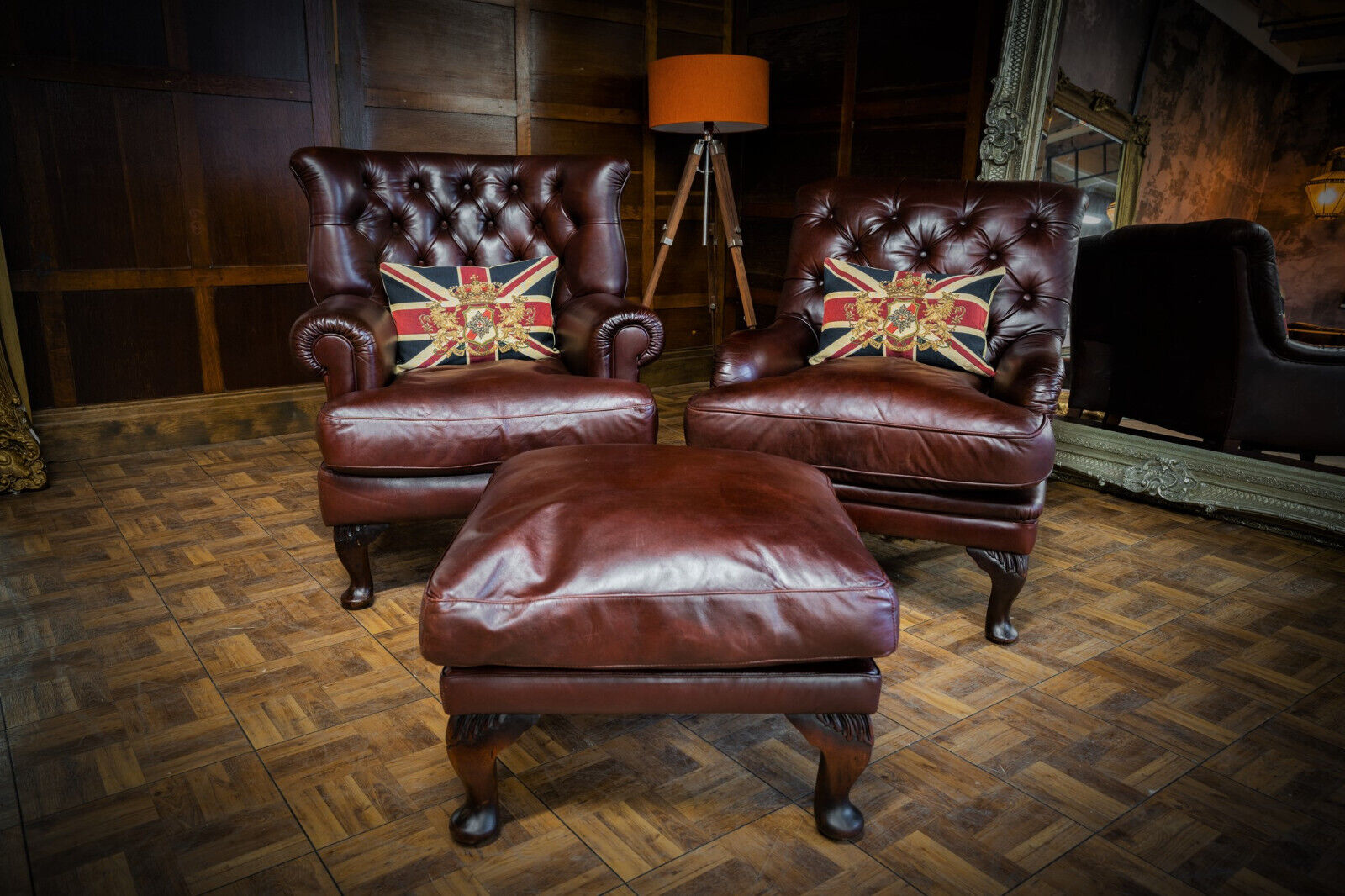 Pair of Tetrad Blake Campion & Howard Chestnut Leather His & Hers Chairs & Stool