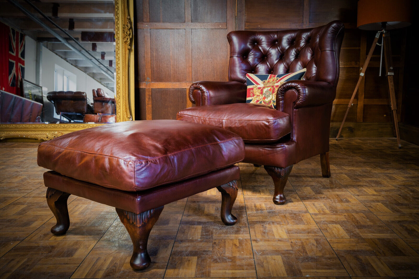 Tetrad Blake Campion Wingback Chestnut Tan Leather Chesterfield Armchair & Stool